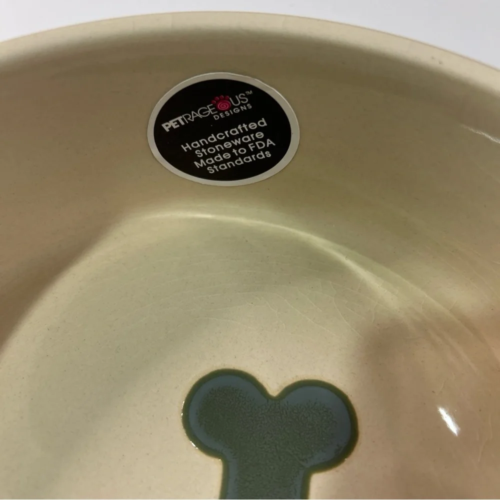 Petrageous Dog Pet Bowl Feeding Water Stoneware Green Ivory Dishwasher